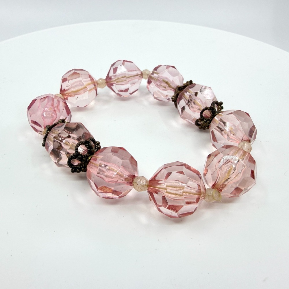 Pink Faceted Glass Bead Stretchy Bracelet Cottagecore Romantic Layering Y2K